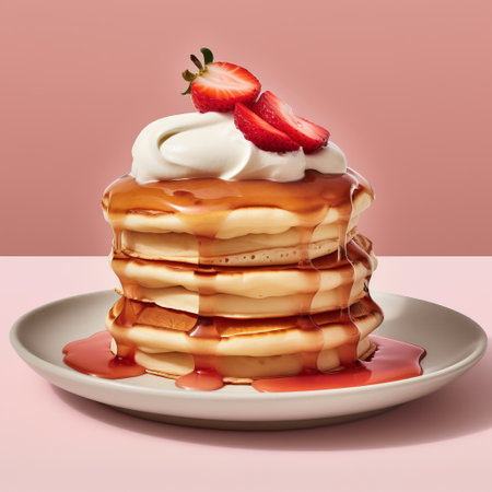 A delicious dessert made of pancakes topped with whipped cream and strawberries. Served on a plate, this dish is a perfect blend of sweet and fruity flavorsの素材