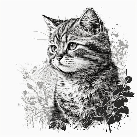 An artistic representation of a Felidae carnivore, a small to mediumsized cat, with whiskers and a snout, surrounded by flowers in a black and white drawingの素材