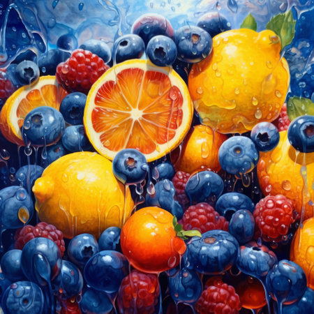 A vibrant painting showcasing blueberries, raspberries, lemons, oranges including Tangelo, Clementine, Valencia orange, Rangpur, and Bitter orange. A beautiful display of colorful fruitsの素材