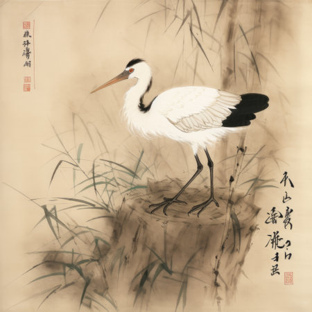 A Bird from the Ciconiiformes order, with long beak and beautiful feathers, stands in a nest in a natural landscape at sunset, under a colorful sky, a wildlife event taking placeの素材