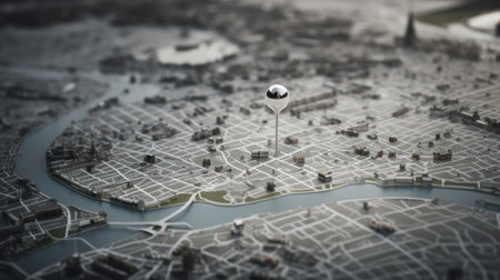 A monochrome aerial photograph captures a city landscape with a pinpoint marking a location near a body of water, creating a fluid contrastの素材