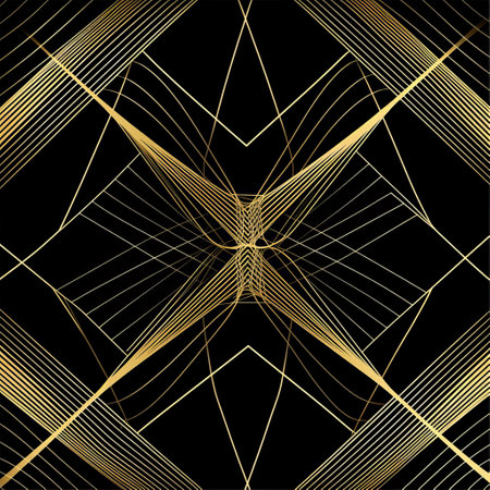 A mesmerizing display of golden lines on a dark backdrop creates a stunning kaleidoscope effect, reminiscent of sunlight streaming through wooden flooring, casting parallel shadows on the floorの素材
