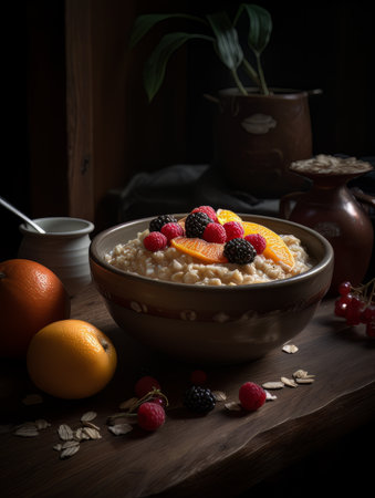 A bowl of oatmeal topped with blueberries and raspberries, served on a rustic wooden table. This dish is a delicious mix of natural foods and berries, perfect for a healthy breakfast or snackの素材