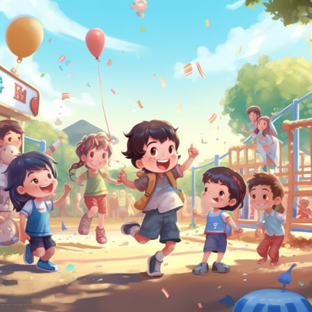 A group of children are having fun playing with balloons in the park, animated by Cartoon World with happy gestures under the sky filled with fluffy cloudsの素材