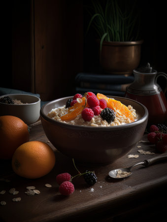 A bowl of oatmeal topped with blueberries and raspberries, served on a rustic wooden table. This dish is a delicious mix of natural foods and berries, perfect for a healthy breakfast or snackの素材