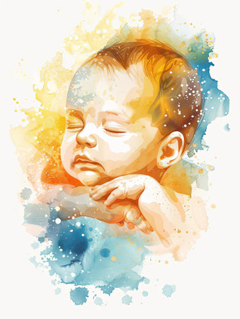 A delicate watercolor painting capturing a happy toddler peacefully sleeping, with rosy cheeks and a tiny nose. The fluid strokes of paint beautifully depict the calmness of a baby at restの素材