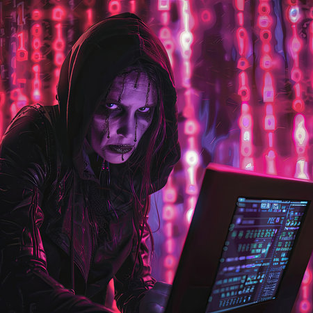 A female musician in a violet hooded jacket is seated in front of a laptop computer, preparing for her performance in the entertainment industryの素材