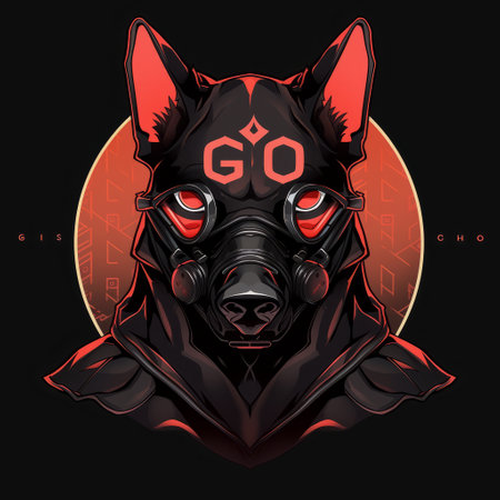The wolfs snout is covered with a red gas mask, its eyes glowing in Electric blue. A Violet pattern adds symmetry to the darknessの素材