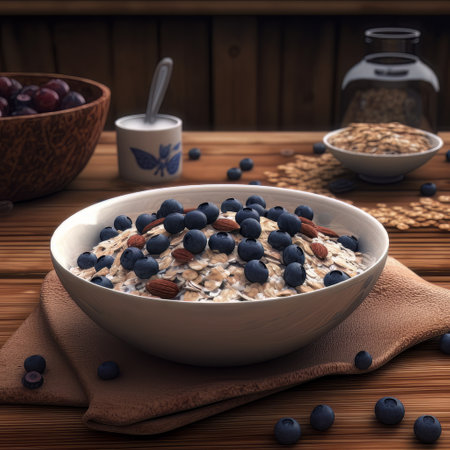 A delicious dish of oatmeal and blueberries served on a wooden table. This staple food combines natural ingredients for a healthy breakfast optionの素材