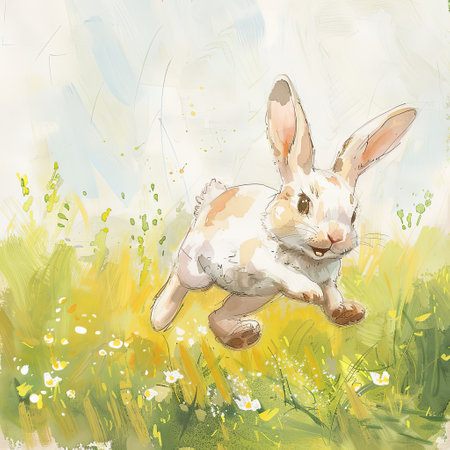 A watercolor painting of a Mountain Cottontail rabbit running through a lush field of grass, capturing the essence of Rabbits and Hares in a whimsical and colorful styleの素材