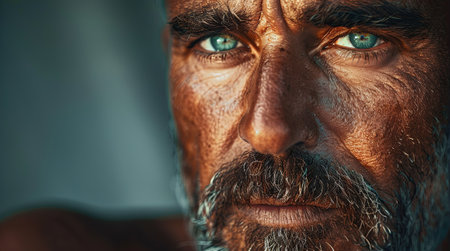 A closeup selfie capturing the electric blue eyes and freckled smile of a man with a beard. His jawline and wrinkles add character to the artistic imageの素材