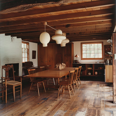 A dining room featuring elegant furniture made of hardwood, including a wooden table and chairs. The interior design highlights the beauty of natural wood with a rich wood stainの素材