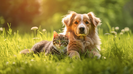 A Vertebrate, Carnivore Dog, and Mammal Cat are happily laying in the grass together, enjoying the sun and each others company as companionsの素材