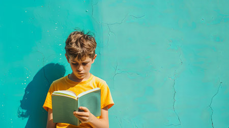 A happy young boy sits leisurely on the electric blue floor, reading a book. His elbow rests on his knee as he dives into a new landscape of adventure and travelの素材