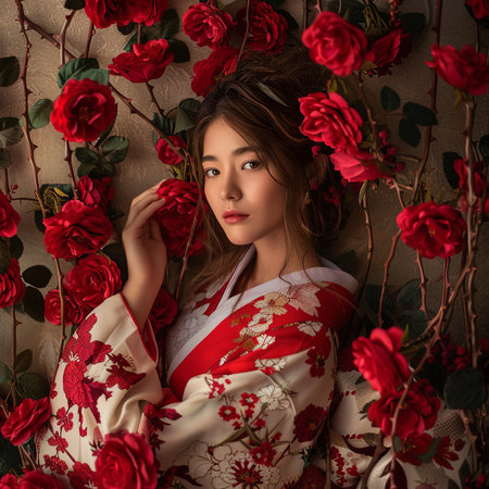 The woman with long hair and a kimono stands amidst a sea of red roses, her hands delicately holding a flower, her eyes mesmerized by the vibrant petals surrounding herの素材