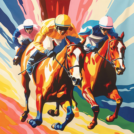 A painting depicting three jockeys racing on horses, showcasing the equestrian sport with detailed horse tack and supplies like bridles and saddlesの素材