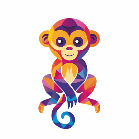 A colorful monkey toy in a cartoon style is sitting happily on a white background, with a big smile on its snout. This animal figure is a fictional character in an artistic designの素材