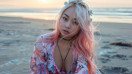A happy woman with pink hair is sitting on the sandy beach, smiling at the breathtaking landscape of water, sky, and surfers with blond hairの素材
