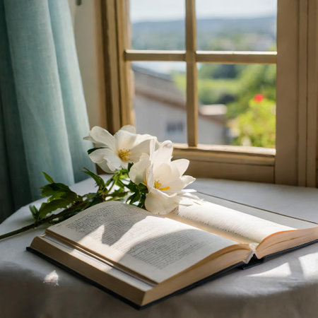 A publication lies open on a wooden window sill next to a vase of colorful flowers, with the sky visible through the rectangle of the windowの素材
