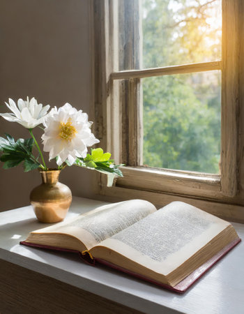 A publication lies open on a wooden window sill next to a vase of colorful flowers, with the sky visible through the rectangle of the windowの素材