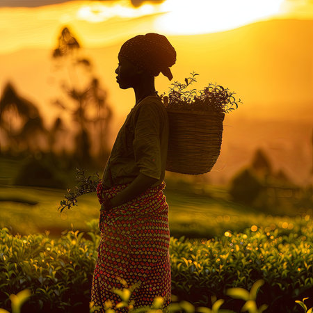 A woman wearing a hat is happily carrying a basket of tea sheets on her back in a field at sunset, illuminated by the soft light of the setting sunの素材
