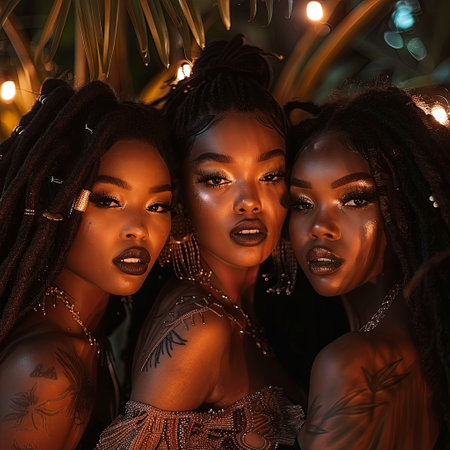 Three women with intricate braids are resting side by side on a soft blanket, their foreheads touching lightly as they chat. The sun kisses their cheeks and their skin glows in the warmth of the dayの素材