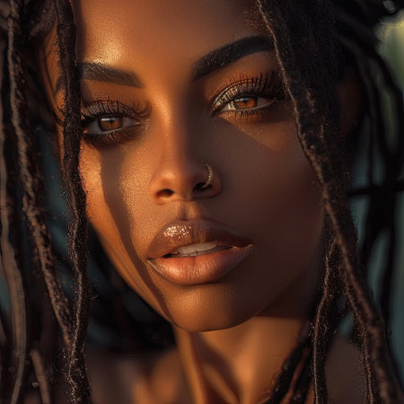A close up of a woman's face with intricate cornrows, adorned with earrings. Her forehead, nose, cheek, lip, jaw, and eyelashes are visibleの素材