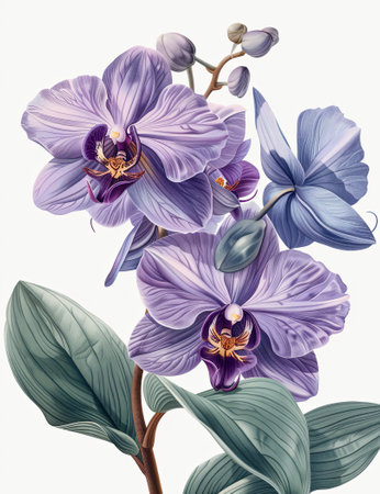 A beautiful painting of a bunch of purple flowers on a white background. The vibrant petals of the flowering plants add a pop of color to the illustrationの素材