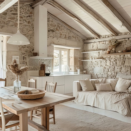 A cozy living room in a house with a wooden couch, table, and chairs. The rectangular window brightens up the interior design of the propertyの素材