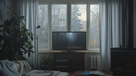 A cozy living room in a building with hardwood flooring, featuring a couch, television, window, and plant for a touch of natureの素材
