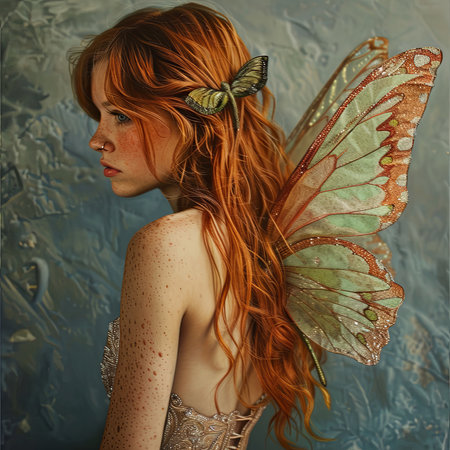 A mythical creature with long red hair and butterfly wings in her hair, resembling an angelic being in a supernatural painting inspired by CG artwork and illustrationの素材