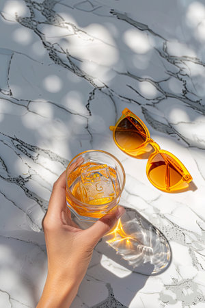 The person is holding a glass of amber liquid, possibly Cognac or a rusty nail cocktail spritz, on a sleek marble table, showcasing the elegant drinkware and tableware for the alcoholic beverageの素材
