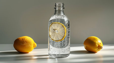 A bottle of liquid and a triangular slice of Meyer lemon sit on a table. The citrus aroma blends with the sweet lemon flavor, inviting you to take a refreshing drinkの素材