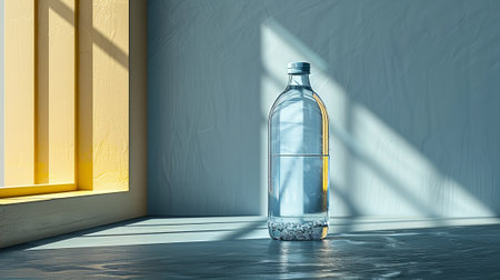 A glass bottle filled with water is placed on the floor in front of a rectangular window. The fluid inside reflects tints and shades from the sunlightの素材