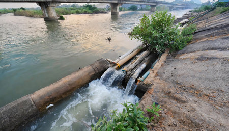 Environmental damage concept, Industrial and factory wastewater discharge pipe into the canal, , generated by AI. High quality imageの素材