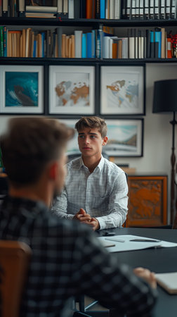 Two individuals are engaging in a live conversation in a room filled with art and picture frames, building a connection and sharing fun storiesの素材