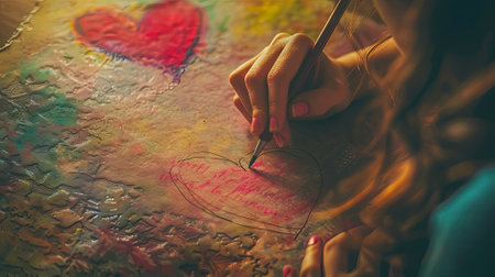 A woman is creating a magenta heart on a canvas using a brush, surrounded by a picturesque landscape with trees, grass, and soilの素材