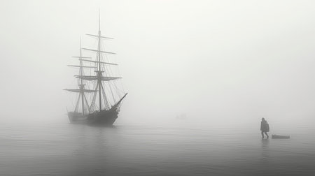 A monochromatic image of a sailboat navigating through the fog. The tall mast pierces through the misty atmosphere, creating a serene and mysterious sceneの素材
