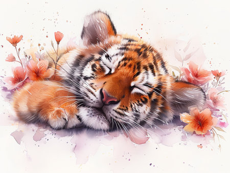 A watercolor painting of a Bengal tiger cub peacefully sleeping among colorful flowers, showcasing the beauty of this terrestrial Carnivore organism from the Felidae familyの素材