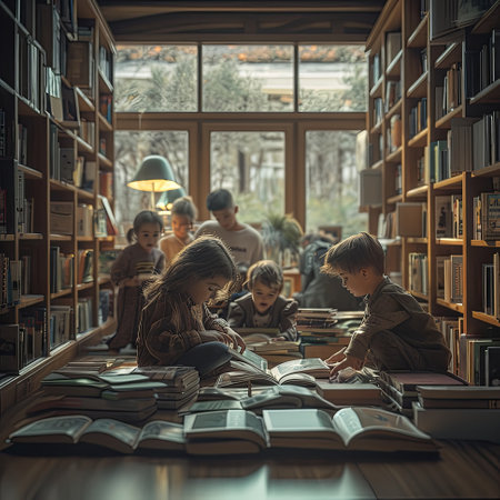 A group of children are immersed in reading books in a quiet corner of the library, surrounded by shelves filled with publications and cozy furniture like tables and chairsの素材