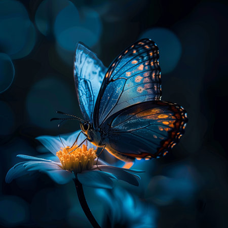 An electric blue butterfly, a pollinator arthropod, rests on a rock in the dark. With its delicate wings and liquid feeding, it adds beauty to the terrestrial plants aroundの素材