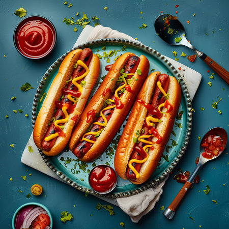 A tray of hot dogs, a popular finger food, with ketchup and mustard on a blue table, showcasing a classic American junk food stapleの素材