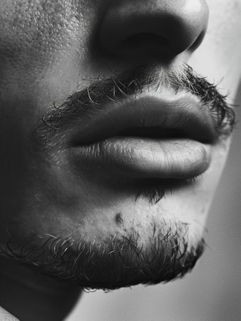 A detailed closeup shot capturing a mans mouth with a stylish beard, emphasizing his jaw, chin, and lips. His eyebrow, nose, and neck are partially shown, creating a mysterious facial gestureの素材