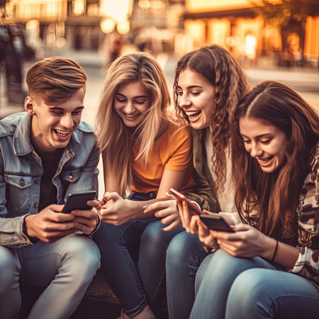 A social group of young people in jeans sit on the ground, smiling and looking at their phones. Their happy facial expressions capture a moment of fun and cool fashionの素材