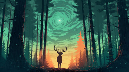 A deer is gazing up at the sky in the midst of a natural landscape in the ecoregion, surrounded by towering trees and plant life. The art of nature captured at duskの素材