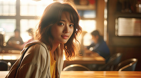 A woman with layered hair is sitting at a wooden table in a restaurant, smiling at the camera. It looks like a fun and social event where sharing and laughter are encouragedの素材