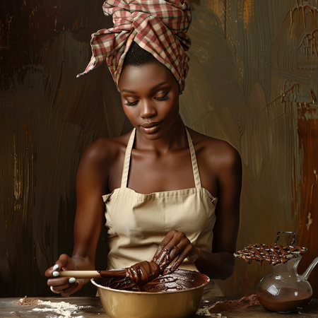 The woman, wearing a cap and jewellery, is preparing food at an event by mixing chocolate in a tableware dish with a mixing bowlの素材