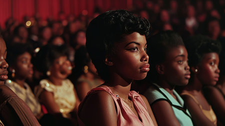 A group of women are sharing the entertainment of a fashion design event at the theater. The crowd is having fun as they admire the thigh flesh in leisureの素材