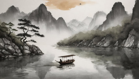 chinese ink painting muted colors rice paper with river mountain and boat, generated by AI. High quality photoの素材
