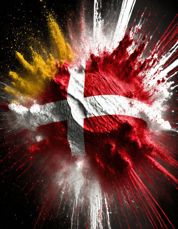 Denmark colorful flag holi paint powder explosion on isolated background, generated by AI. High quality photoの素材